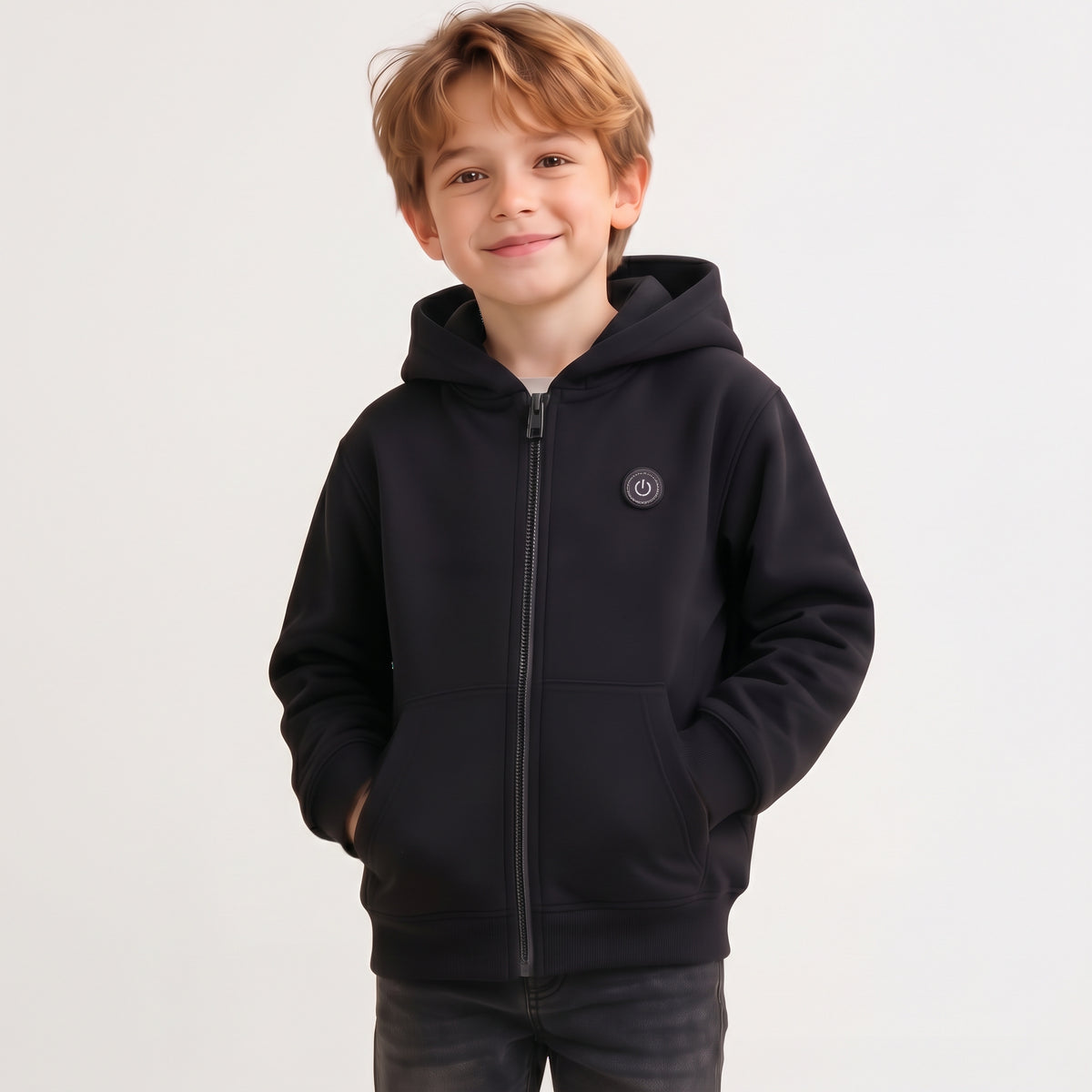 Smiling boy wearing a classic black 7-zone smart heated zip-up hoodie for winter