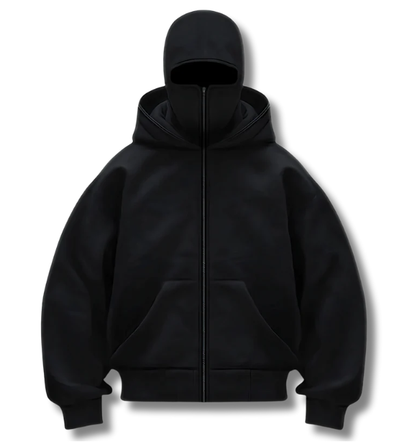 Black heavyweight double-layered zip-up hoodie front view